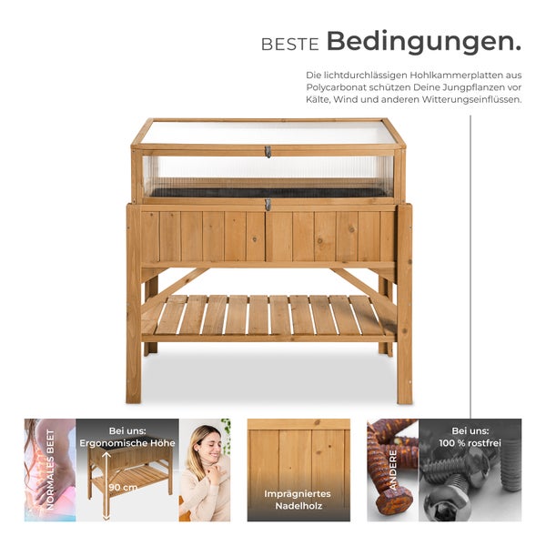 Hochbeet mit Polycarbonatplatten zum Schutz von Jungpflanzen vor Kälte und Witterungseinflüssen, aus imprägniertem Nadelholz, ergonomische Höhe circa 90 cm, rostfreie Schrauben