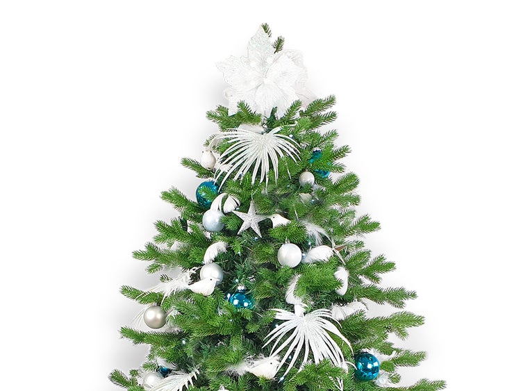 Dekorierter künstlicher Weihnachtsbaum mit 215 Ornamenten POLAR BLUE II 500 cm Baum mit Ständer und Weihnachtsschmuck