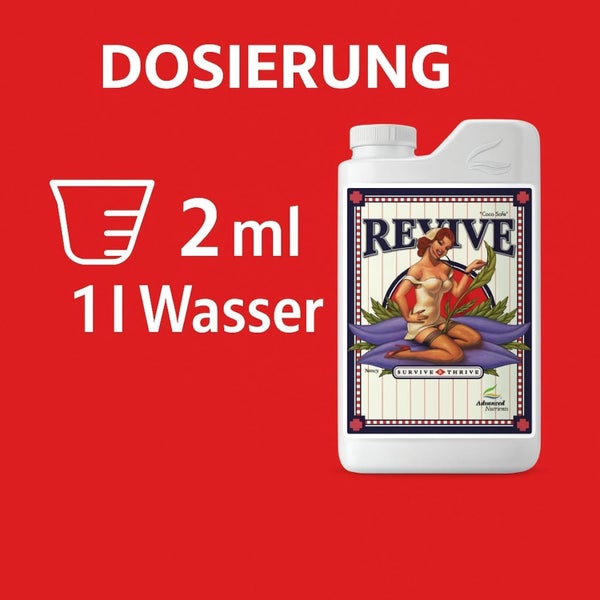 Dosierungshinweis für Advanced Nutrients Revive: 2 Milliliter auf 1 Liter Wasser.
