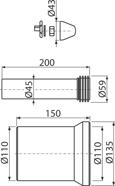 Maßzeichnung für ein Toiletten-Anschlussset mit Angaben in Millimetern für Rohre und Dichtungen.