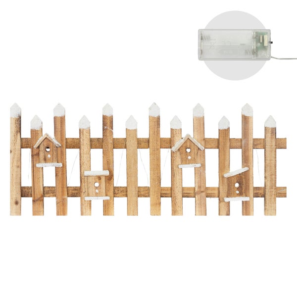 ECD Germany Deko Holz Zaun mit LED in natur, 98 x 39 cm, inkl. Vogelhäuschen, batteriebetrieben, mit Timer, Mini Gartenzaun beleuchtet Mini-Lattenzaun Weihnachtsbaum-Zaun Weinachtsdeko Winter Gatter