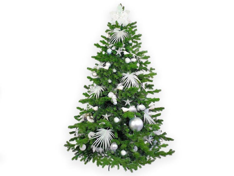 Geschmückter künstlicher Weihnachtsbaum mit Weihnachtskugeln, Sternen und dekorativen Vögeln für eine festliche Weihnachtsdekoration.