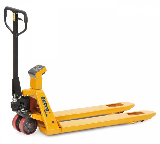 Gelber Gabelhubwagen mit integrierter Waage