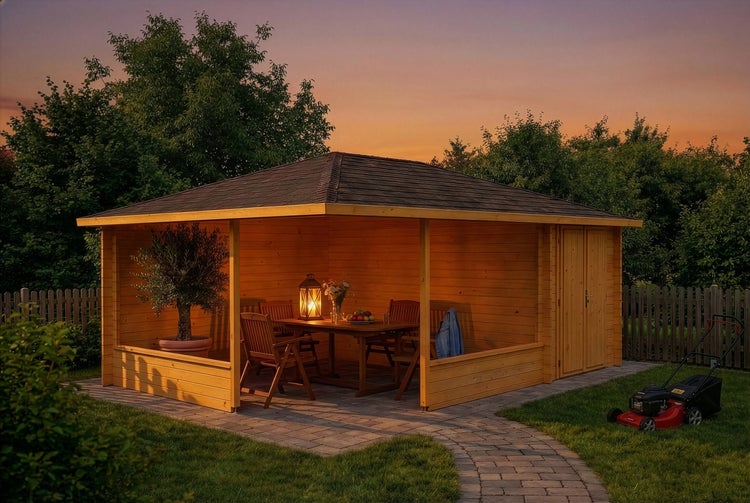 Offenes Gartenhaus aus Holz mit integriertem Abstellraum, Sitzgruppe und Schindeldach in einer Gartenlandschaft bei Abenddämmerung.