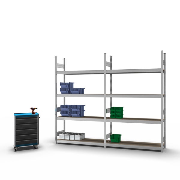 PROREGAL Weitspannregal Stecksystem T-Profil Grundregal HxBxT 250x150x40 cm 4 Ebenen Spanplatten Fachboden Fachlast 350 kg Verzinkt