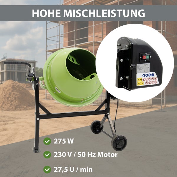 Betonmischer mit 275 Watt Motor und Trommel auf einer Baustelle mit Nahaufnahme der Motoreinheit und technischen Spezifikationen.