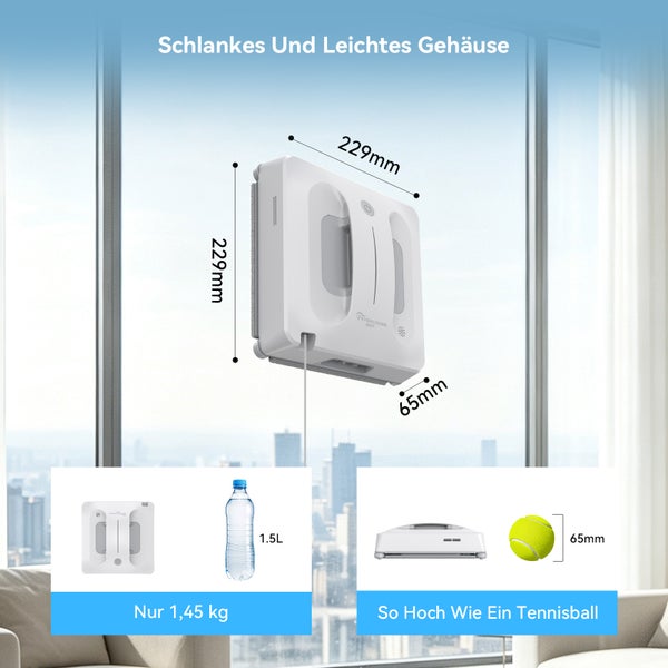 Fensterputzroboter Evercross Bot, 229 mal 229 mal 65 Millimeter, 1,45 Kilogramm. Vergleich mit 1,5 Liter Flasche und Tennisball.