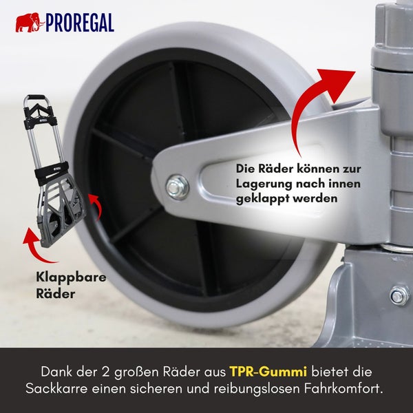 PROREGAL Klappbare Profi-Sackkarre ELEPHANT HxBxT 115x50x53cm Traglast 150kg Aluminiumrahmen, ergonomische Griffe, TRR Fachgummiräder Silber