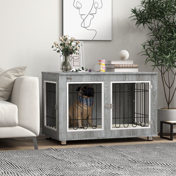 PawHut Hundekäfig, Hundehütte, Haustierkäfig mit Kissen, 2 Verriegelungen für Mittelegroße Hunde, Hundebox mit Doppeltüren, Hundehaus, Grau, 90 x 58 x 65 cm