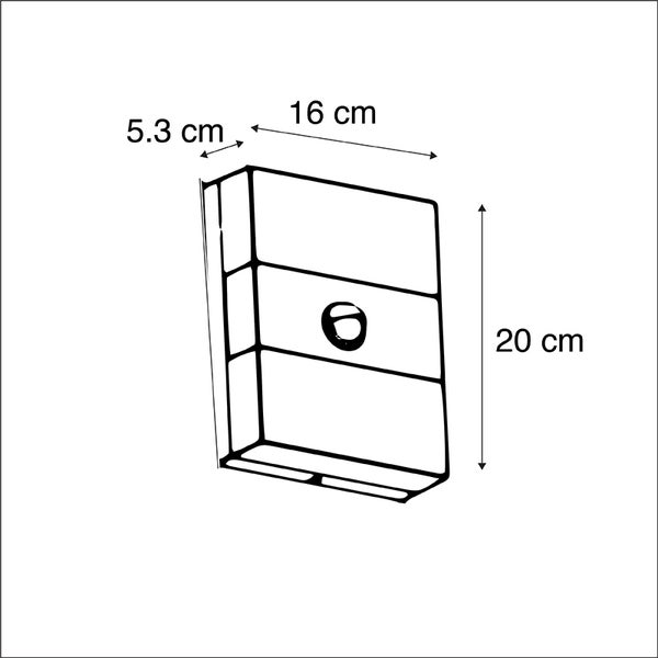 Skizze eines rechteckigen Briefkastens mit den Maßen Breite 16 Zentimeter, Höhe 20 Zentimeter und Tiefe 5,3 Zentimeter.