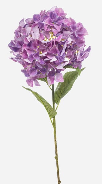 Künstliche Hortensie als Stielblume in Violett mit grünen Blättern.