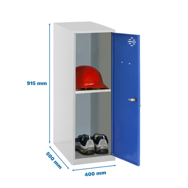 Stahlschrank mit offenstehender Tür und Maßen 915 x 500 x 400 Millimeter, inklusive Arbeitsschuhe und Schutzhelm