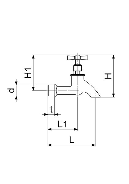 Technische Zeichnung eines Wasserhahns mit Maßangaben für Höhe, Länge und Durchmesser.