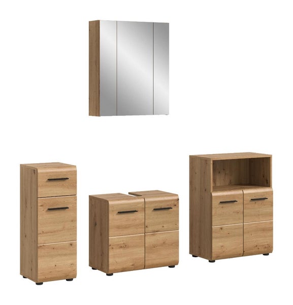 Mehrteiliges Badezimmermöbel-Set in Holzoptik mit Spiegelschrank, Waschbeckenunterschrank und zwei Beistellschränken mit schwarzen Griffen.