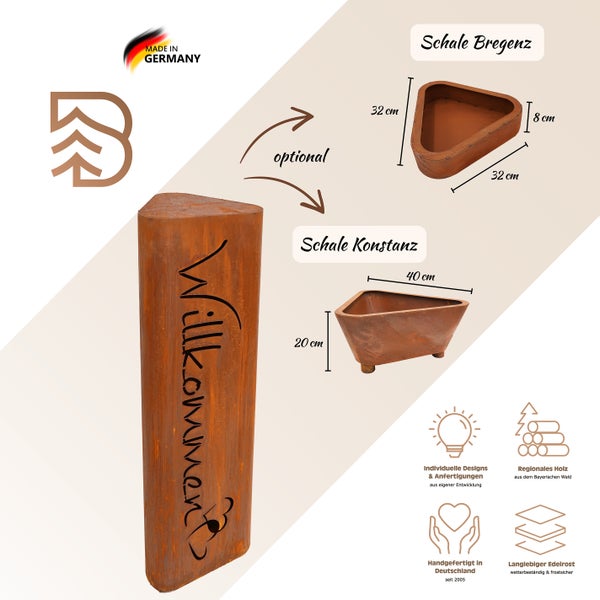 Edelrost Willkommensstele aus Metall mit optionalen Pflanzschalen Bregenz und Konstanz mit Maßangaben Made in Germany.