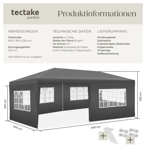 Pavillon tectake Novara wasserdicht 6 x 3 m, im Stecksystem grau