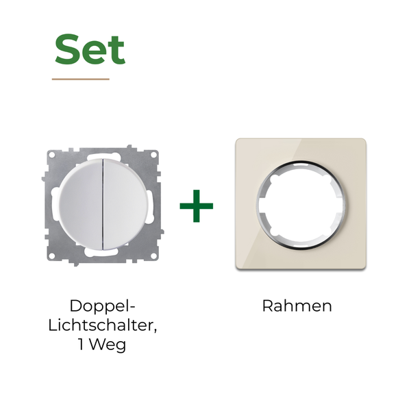 Set bestehend aus einem Doppellichtschalter mit 1 Weg und einem passenden Abdeckrahmen für die elektrische Installation.