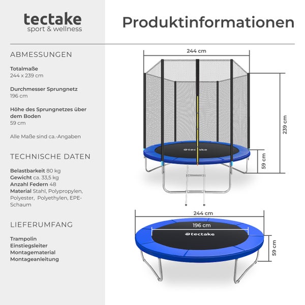 Produktinformationen zu einem Trampolin mit den Maßen 244 mal 239 Zentimeter und einem Sprungnetz-Durchmesser von 196 Zentimeter.