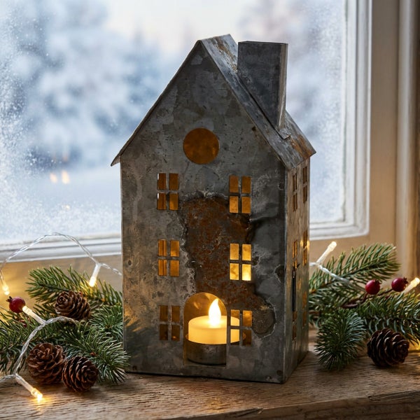 Windlicht Haus aus Metall für Teelichter, weihnachtliche Tischdekoration mit Tannenzweigen und Lichterkette vor einem Fenster