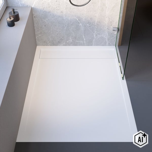 Duschwanne in einem modernen Badezimmer mit Marmorwand und Glasduschwand, Draufsicht.