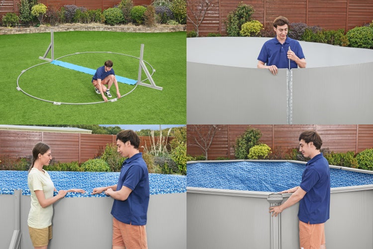 Schrittweise Montage eines runden Stahlwandpools im Garten, vom Auslegen der Bodenschienen bis zum Anbringen des Handlaufs.