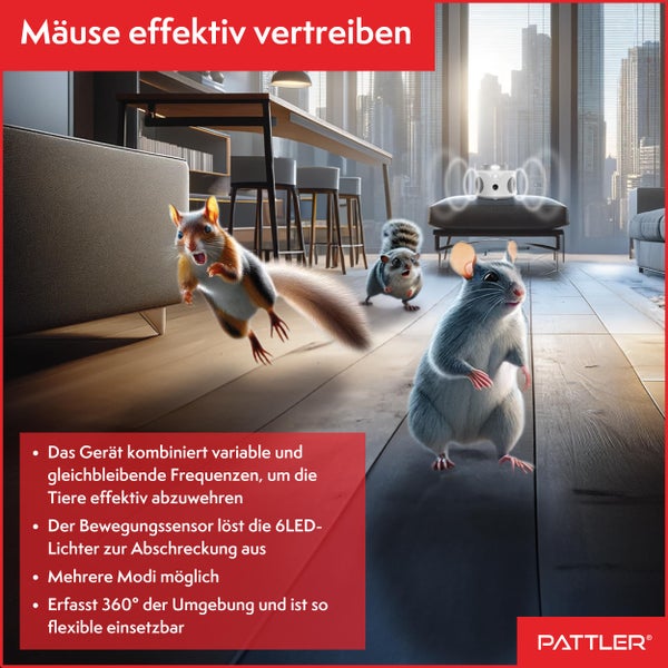 PATTLER® - 360° Ultraschall Mäuseabwehr - Effektiv Mäuse vertreiben mit Ultraschallwellen - optimiert für die Abwehr von Mäusen und Ratten