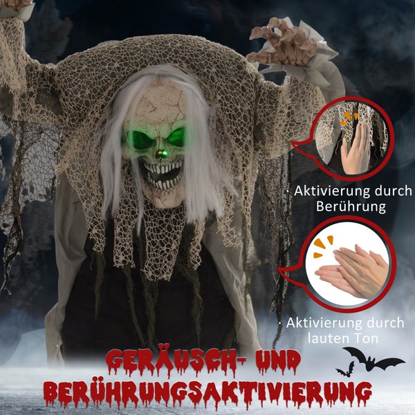 HOMCOM 160cm Halloween Dekoration stehendes Skelett mit LED-Lichter, Soundfunktion, Haustür Deko mit verstellbare Arme, Garten Dekofigur in Lebensgröße für Party