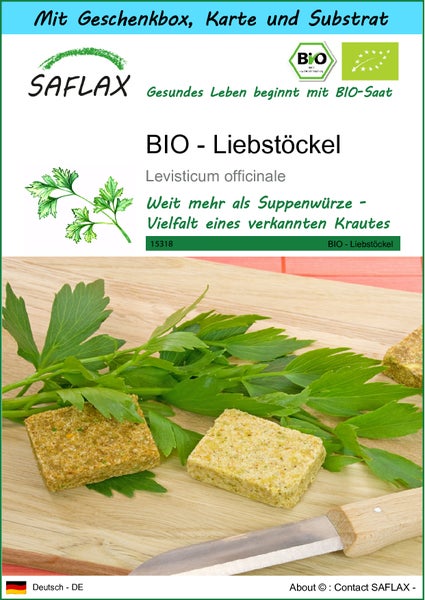 SAFLAX Geschenk Set - BIO - Liebstöckel - Levisticum officinale - 100 Samen - Mit Geschenkbox, Versandaufkleber, Geschenkkarte und Anzuchtsubstrat