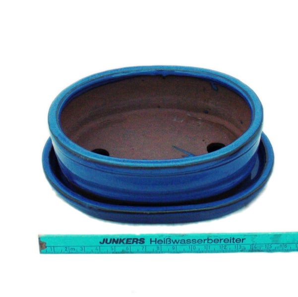 Bonsai-Schale mit Unterteller Gr. 2 - Blau - oval - Modell O7 - L 15,5cm - B 12cm - H 4,5cm