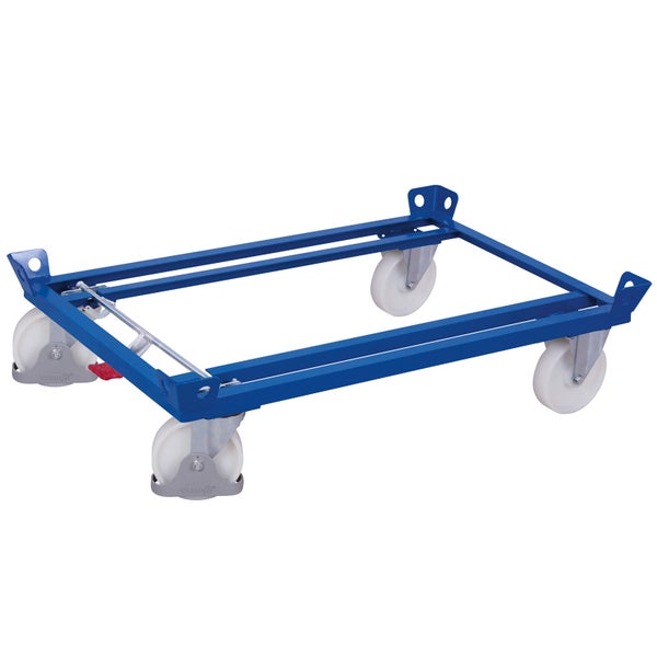 Blauer Paletten-Transportroller aus Stahl mit vier weißen Lenkrollen und Feststeller.