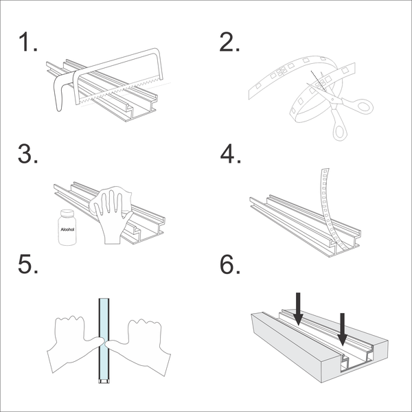TIVENDIS Led Alu Profil 2 m FL mit Zubehör für Strip / Streifen bis 10 mm breit | Abdeckung satiniert milchig  |  Einbau Trockenbau Abschlussleiste Abschlussprofil Deckenleiste eloxiert