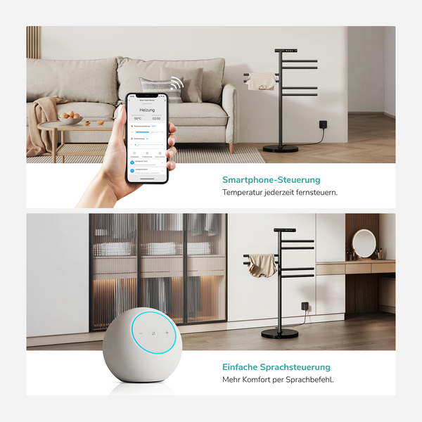 Smart Home Handtuchtrockner mit App-Steuerung per Smartphone und Sprachsteuerung über Smart Speaker für komfortable Wärmeregelung.