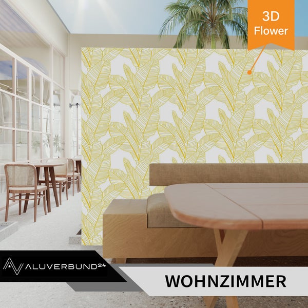 Dekorative Aluverbund Wandplatte mit Blättermotiv als Raumteiler in einem modernen Wohnbereich.