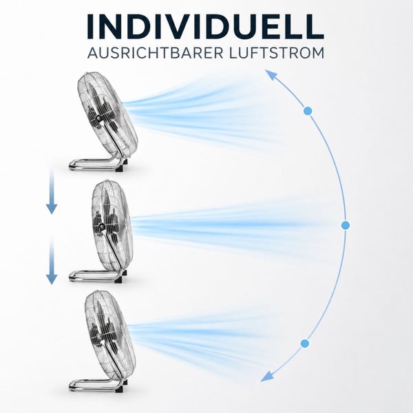 Bodenventilator mit verstellbarem Neigungswinkel für individuellen Luftstrom, aus verchromtem Metall.