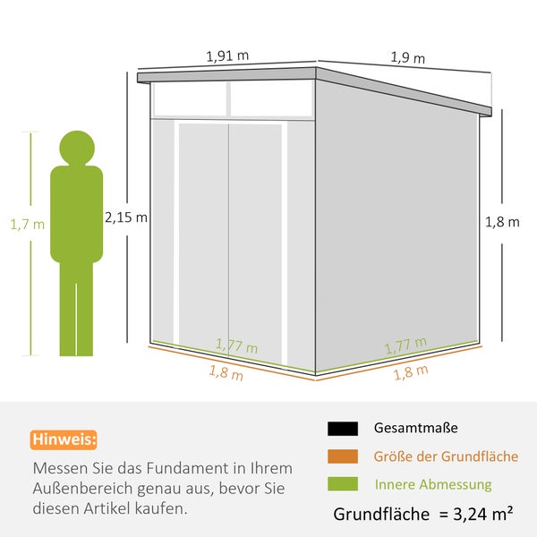 Abmessungen eines Gerätehauses mit Angaben zu Höhe, Breite und Tiefe