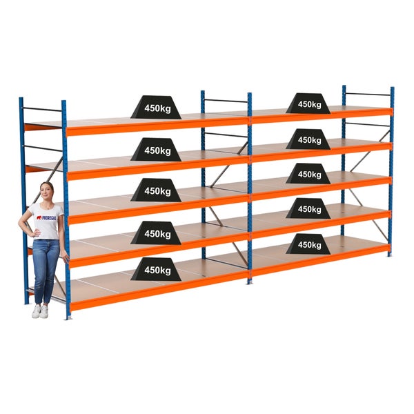 Industrieregal mit sechs Ebenen und einer maximalen Traglast von 450 Kilogramm pro Ebene.