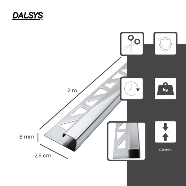 Dalsys Logo, Fliesenprofil aus Metall, 2 Meter lang, 8 Millimeter hoch, 2,9 Zentimeter breit, 0,8 Millimeter dick, zuschneidbar und robust.