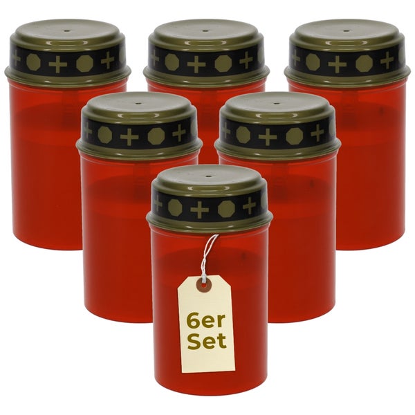 Set mit sechs roten Grablichtern mit Deckel und Kreuzmotiven aus Kunststoff.