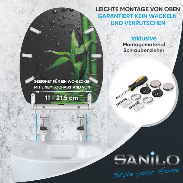 Sanilo Toilettensitz mit Bambusmotiv, Montage von oben, Lochabstand 11 bis 21,5 Zentimeter, inklusive Montagematerial und Schraubendreher. Sanilo Logo.