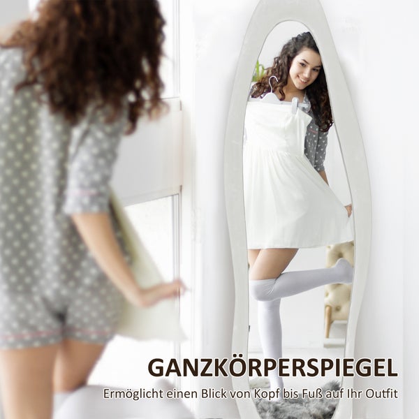 HOMCOM Ganzkörperspiegel, 160 x 50 cm unregelmäßiger gewellter Standspiegel mit samtartiger Rahmenbezug, Groß Wandspiegel, Ankleidespiegel für Wohnzimmer, Schlafzimmer, Garderobe, Flur, Weiß