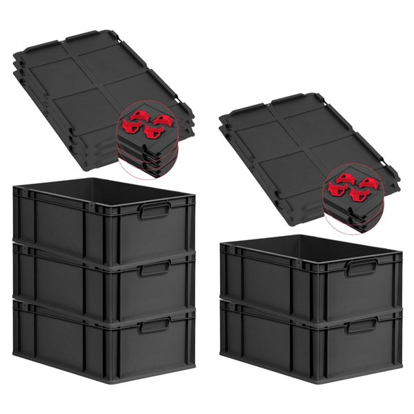 PROREGAL SparSet 5x Eurobox NextGen Grip mit Auflagedeckel inkl. 4 roten Schiebeschnappverschlüssen, HxBxT 22x40x60cm, 44 Liter, Schwarz, Griffe geschlossen, Verstärkter Boden, Eurobehälter, Transportbox, Transportbehälter, Stapelbehälter