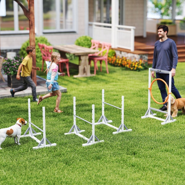 PawHut Agility Set Hunde 4-teiliges Agility-Ausrüstung für Hundetraining Steckhürdenset mit höhenverstellbar Hürden Reifen Trainingszubehör Koordinationstraining Agilityset für Spiele Training