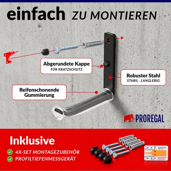 Wandhalterung für Reifen von Proregal aus Stahl mit Gummierung und Montageset inklusive Profiltiefenmessgerät für eine einfache Wandmontage.