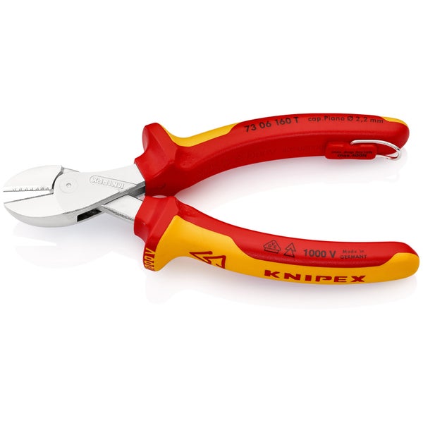 Knipex X-Cut mit Befestigungsöse verchromt, isoliert mit Mehrkomponenten-Hüllen, VDE-geprüft; mit integrierter isolierter Befestigungsöse zum Anbringen einer Absturzsicherung 160 mm - 7306160TBK