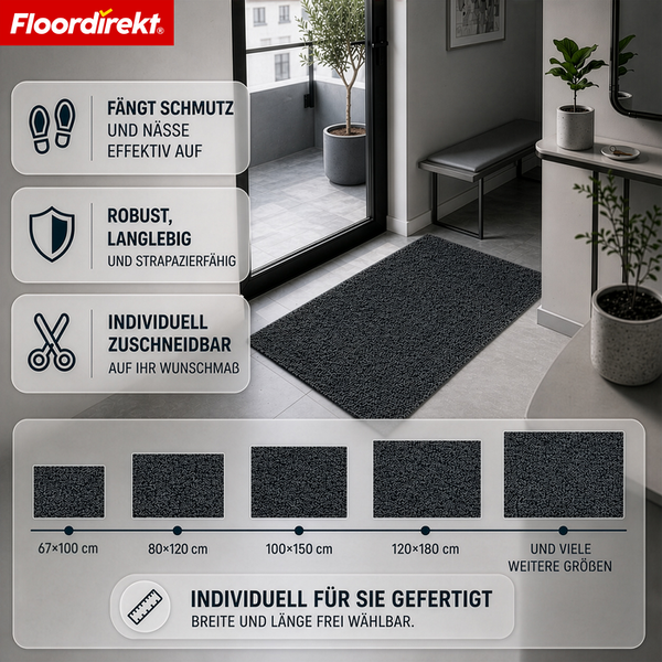 Dunkelgraue Schmutzfangmatte im modernen, hellen Flur, fängt Schmutz und Nässe auf, robust und individuell zuschneidbar, Floordirekt Logo.