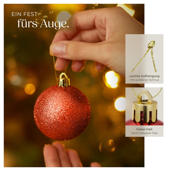 Rote glitzernde Weihnachtskugel mit goldener Kordel und robuster Öse