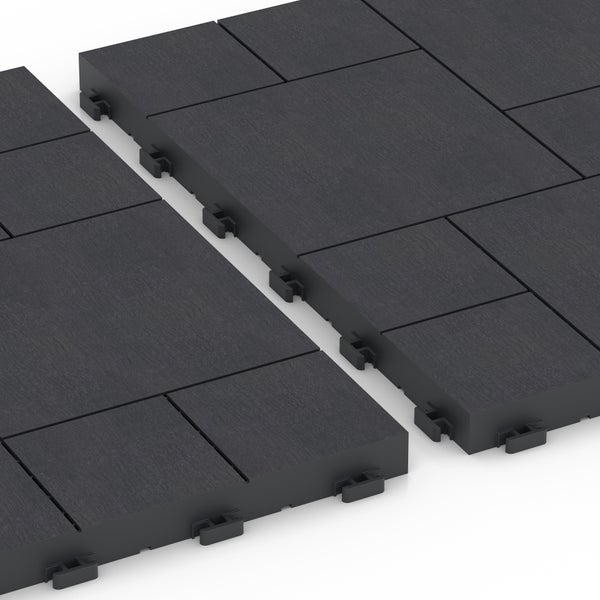 WPC Klickfliese in Anthrazit mit Holzmaserung und Klicksystem für Balkon oder Terrasse.