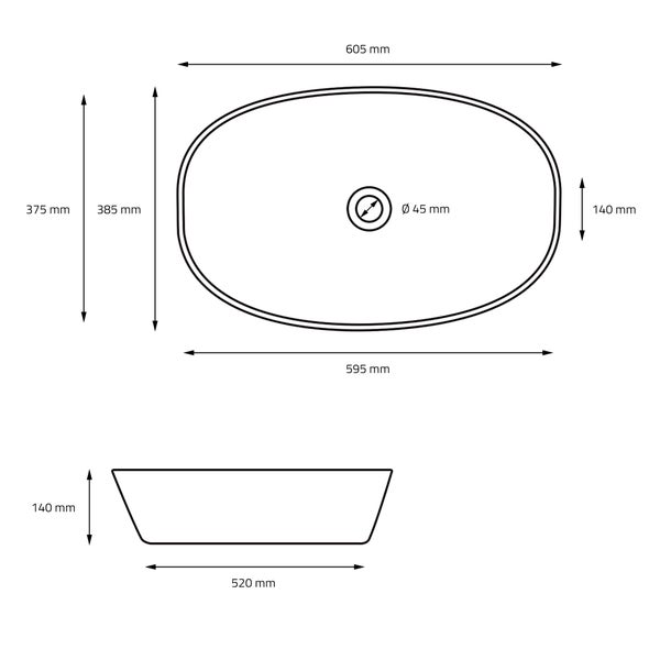 ML-Design Waschbecken aus Keramik Schwarz 605x385x140 mm mit Ablaufgarnitur, Abgerundeten Ecken, Aufsatzwaschbecken, Moderne Waschtisch, Waschschale Waschplatz Handwaschbecken, für Badezimmer/Gäste-WC