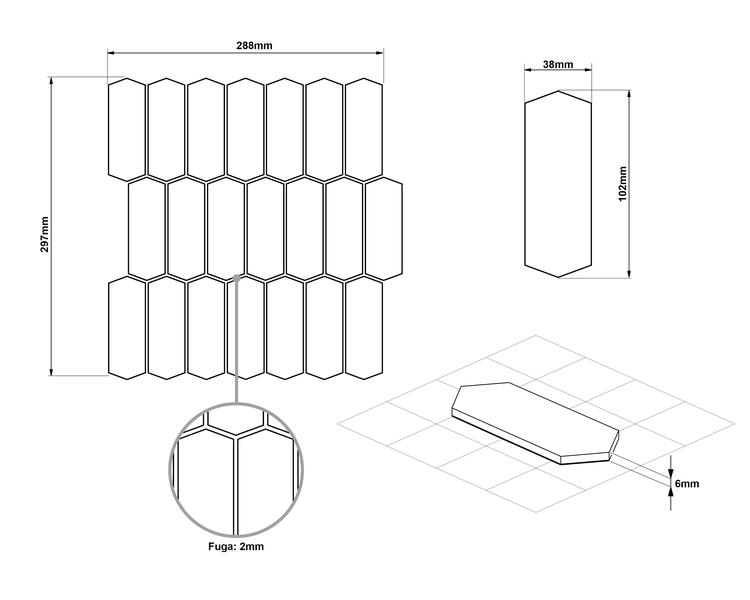 Technische Zeichnung Mosaikfliese Picket-Form, 288 mal 297 Millimeter, Teil 38 mal 102 Millimeter, Stärke 6 Millimeter, Fuge 2 Millimeter.