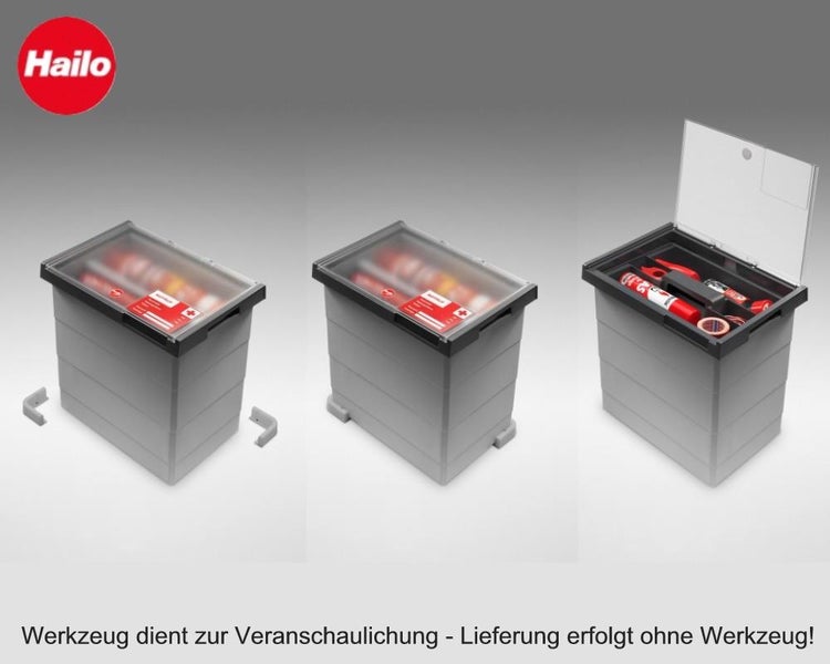 Hailo Werkzeugbox stapelbar in Grau mit transparentem Klappdeckel, Ansichten in geschlossenem und geöffnetem Zustand.